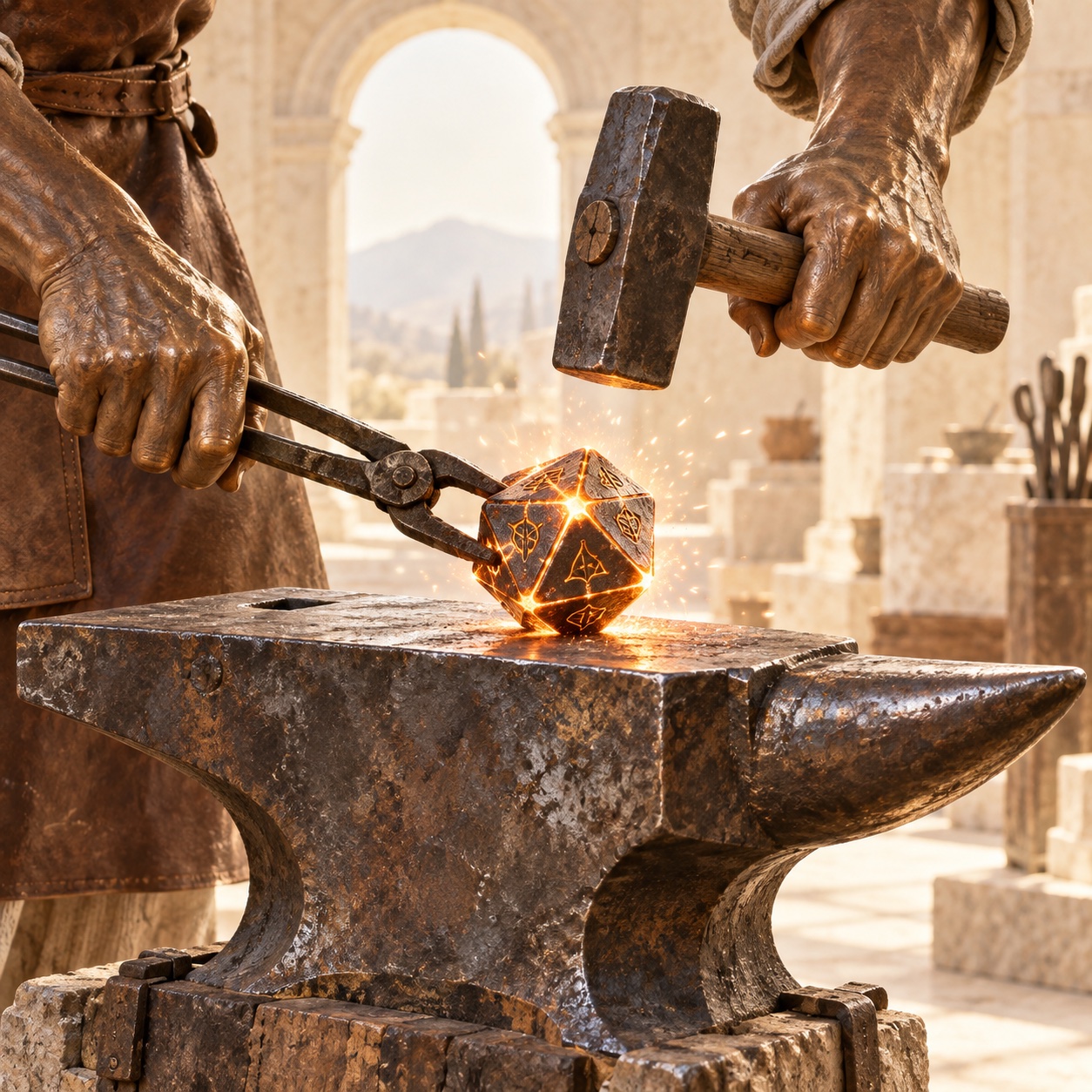 Les mains de bronze du dieu artisan forgent un dé incandescent sur une enclume.